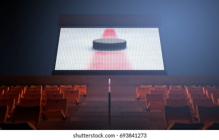 An Illuminated Stadium Big Screen Showing A Hockey Replay In The Stands In The Night Time - 3D Render