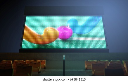 An Illuminated Stadium Big Screen Showing A Hockey Replay In The Stands In The Night Time - 3D Render