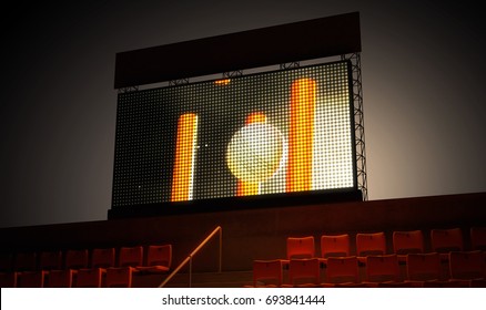 An Illuminated Stadium Big Screen Showing A Cricket Replay In The Stands In The Night Time - 3D Render