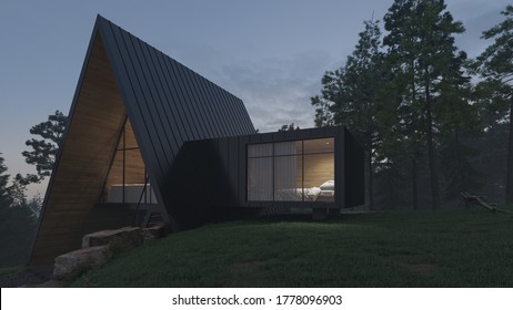 Illuminated Triangular House on the Hillside with a Bedroom in View 3D Rendering