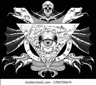 Illuminati Symbols. Concept With Black Background And Skeleton