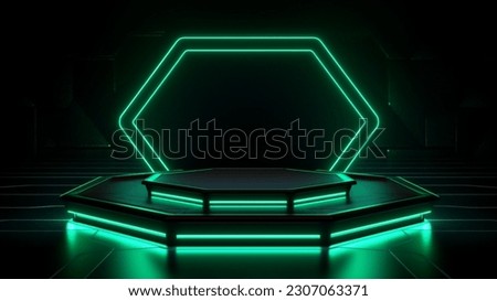  Illuminating  Green Neon Podium  Hypnotic 3D Rendered Showcase with Glowing Luminous Digital Display Previewing  Electrifying Cyberpunk Stage in  Captivating Fusion of Green Neon Brilliance Foto d'archivio © 