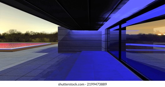 Illuminating The Modern Porch Of An Advanced Country Estate With Blue LED Light. A Wonderful Night Two Hours Before Dawn. 3d Render.