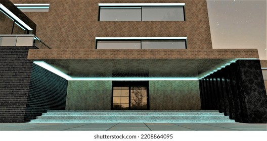 Illumination Of The Porch Of A Stylish Private House With LED Strip. The Concrete Staircase Immediately Takes On A Different Shape. Light Plays On The Facade Made Of Old Natural Brick. 3d Rendering.