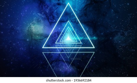 Illumination Triangle Neon with Nebula Background Loop. 3D rendering. Futuristic VJ motion graphics, club concert with projection mapping and high tech background .