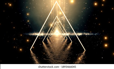 Illumination Triangle Neon with Shine Glow. 3D rendering. Futuristic VJ motion graphics, club concert with projection mapping and high tech background .