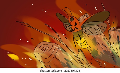 An illustaion of a firefly and burnign wood