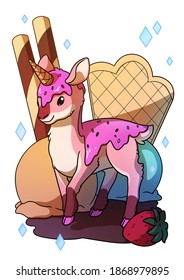 An illustartion of a cartoon unicorn and ice cream