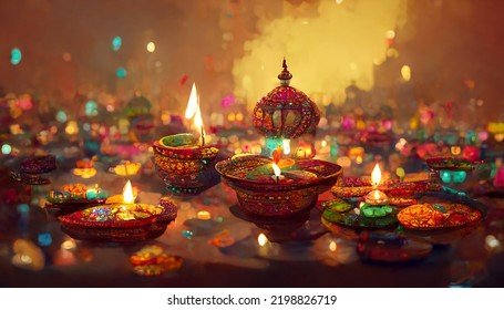 illustation of Diwali festival of lights tradition Diya oil lamps against dark background - Powered by Shutterstock