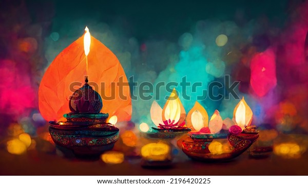 illustation of Diwali festival of lights\
tradition Diya oil lamps against dark\
background