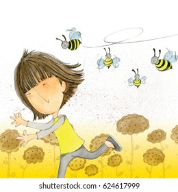 Illustrate of accident concept, girl running from bee sting.