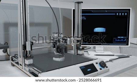 The illustrated a 3D printer at work, creating a jaw with teeth. The precision and innovation of modern 3D printing technology of dentistry. 3d illustration