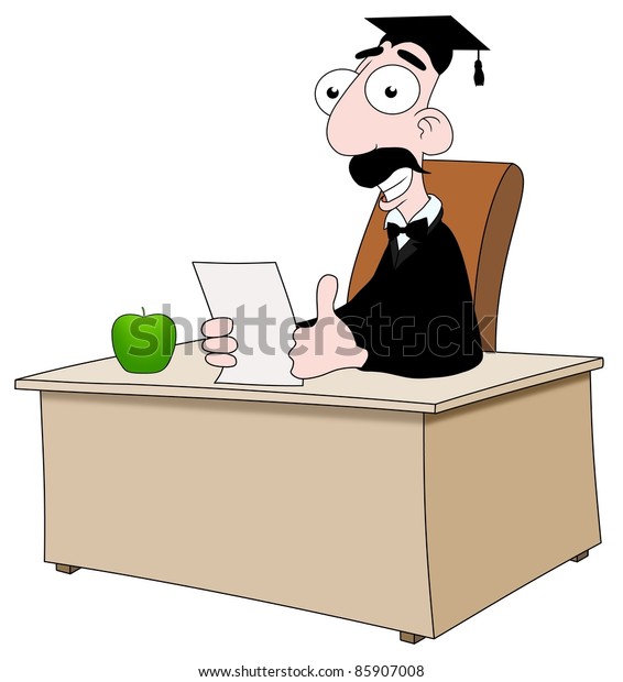 Illustrated Cartoon Teacher Sitting Behind Desk Stock Illustration