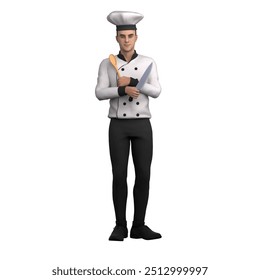 Illustrated Culinary Expert. A male chef holds a wooden spoon and a kitchen knife, showing readiness and skill in cooking. 3D Male Chef - Powered by Shutterstock