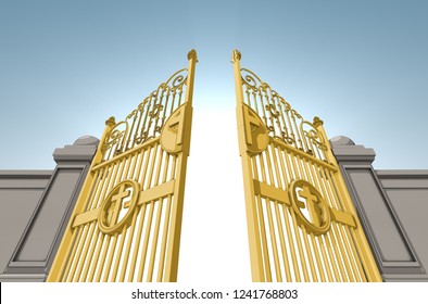 An illustrated depiction of the golden pearly gates of heaven opening on a blue sky background - 3D render