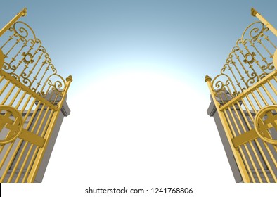 An illustrated depiction of the golden pearly gates of heaven fully opened on a blue sky background - 3D render