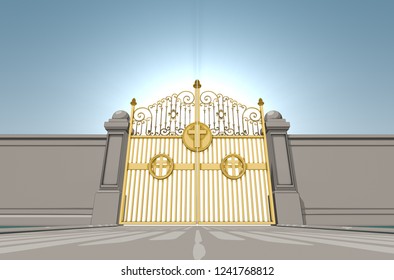 An illustrated depiction of the golden pearly gates of heaven closed shut on a blue sky background - 3D render