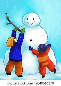 Illustrated Drawing Of Children Building A Snowman Together