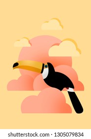 
Illustrated Drawing Of A Tropical Toucan, With A Background Of Rising Sun And Clouds In Pink And Yellow. Lateral Position Of The Bird. Schematic Drawing Of Bird. The Warm Colors On A Cream Background