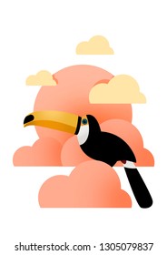 
Illustrated Drawing Of A Tropical Toucan, With A Background Of Rising Sun And Clouds In Pink And Yellow. Lateral Position Of The Bird. Schematic Drawing Of Bird. The Warm Colors On A White Background