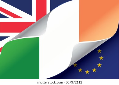 Illustrated EU And UK Flags With The Flag Of  Ireland