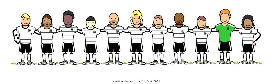 Illustrated German football players pose together in a team lineup, showcasing diversity and unity in team sports apparel. - Powered by Shutterstock