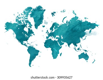 Illustrated map of the world with a isolated background. watercolor