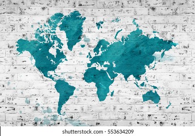 Illustrated map of the world with a White brick wall. Horizontal background.
