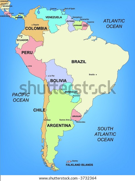 Illustrated Political Map South America Stock Illustration 3732364