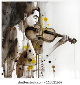Illustrated portrait young man and violin | handmade | self made