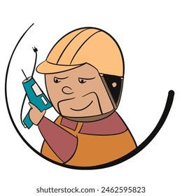 Illustrated, round shaped and colourful cartoon image of a welder, carpenter, electrician with a drill and a safety hat - Powered by Shutterstock