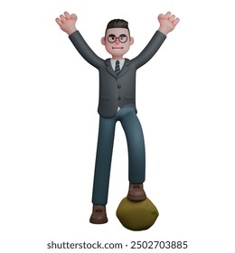 Illustrated School Expert. A man stands with one foot on a bag with both hands raised in an expression of joy and victory. 3D Male Teacher - Powered by Shutterstock