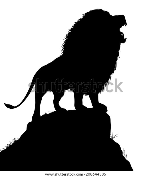 岩だらけの露地に立つ 轟く雄のライオンのイラストのシルエット のイラスト素材 208644385