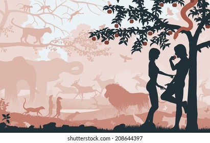 Illustrated silhouettes of Adam and Eve in the Garden of Eden 