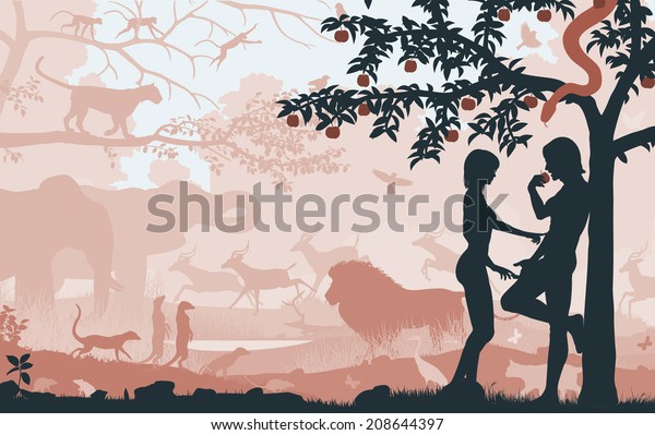 Illustrated silhouettes of Adam and Eve in the Garden of\
Eden 