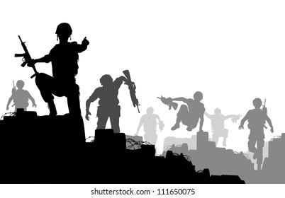 Illustrated Silhouettes Of Armed Soldiers Charging Forward