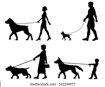 Illustrated silhouettes of contrasting dogs and owners