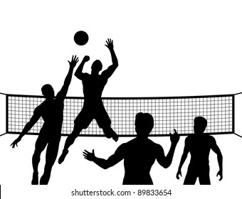 Illustrated silhouettes of four men playing beach volleyball