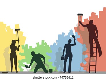 Illustrated silhouettes of four people painting a blank wall different colors with copy space
