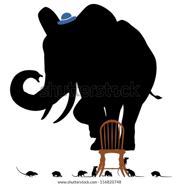 ネズミに囲まれた椅子に立つ 怯えた象のシルエット のイラスト素材