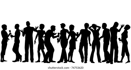 Illustrated silhouettes of men and women standing at a party