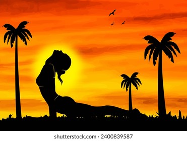 Illustrated sunset background with a yoga pose silhouette - Powered by Shutterstock