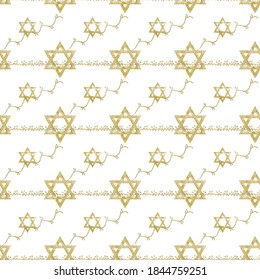 Illustrated wallpaper with a Jewish theme with Star of David symbols in an artistic style, in shades of gold on a white background. Suitable for Shabbat, Bar Mitzvah, Pesach, Simchat Torah and more