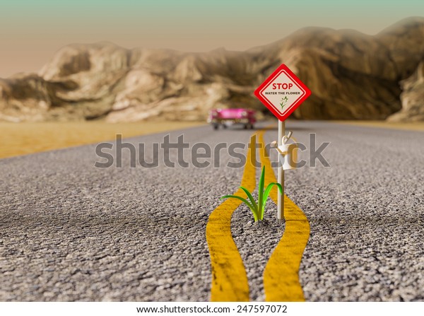 Illustrates the force of nature and fantastic\
achievements. Green plant growing on a deserted road. Vehicle\
drivers are asked to water the\
plant