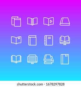 Illustration Of 12 Book Reading Icons Line Style. Editable Set Of Learning, Magazine, Book Reading And Other Icon Elements.