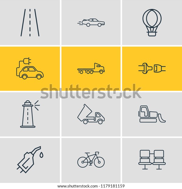 illustration of 12 carrying icons line style.\
Editable set of flatbed truck, seat belt, dump truck and other icon\
elements.