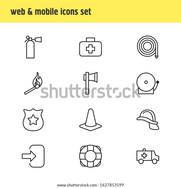 illustration of\
12 emergency icons line style. Editable set of extinguisher,\
lifebuoy, police and other icon\
elements.