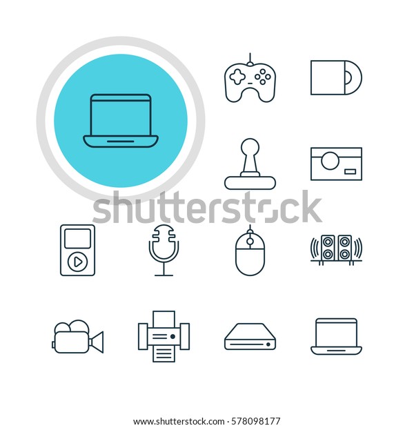 Illustration Of 12\
Hardware Icons. Editable Pack Of Dvd Drive, Memory Storage,\
Photography And Other\
Elements.