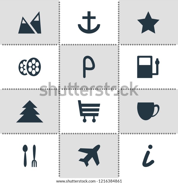 illustration of 12 location\
icons. Editable set of gas station, cinema, harbor and other icon\
elements.
