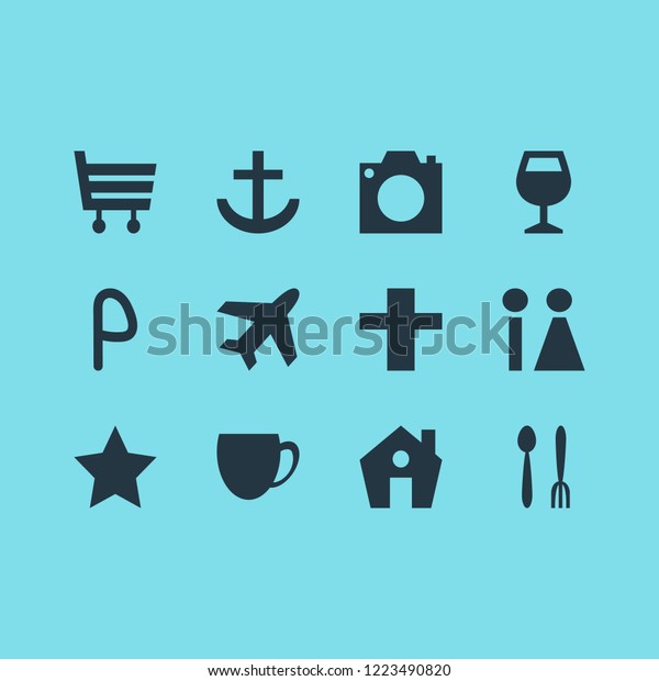 illustration of 12 location icons.\
Editable set of restroom, cafe, harbor and other icon\
elements.